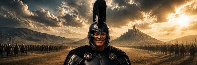 A cheerful armored warrior with a plumed helmet stands confidently before an assembled army and a distant hilltop fortress at sunset. The image humorously evokes the meme caption, portraying the trader's bullish optimism as a battle-ready soldier charging in while others caution against the premature, high-risk $MAGAMEMNON entry.