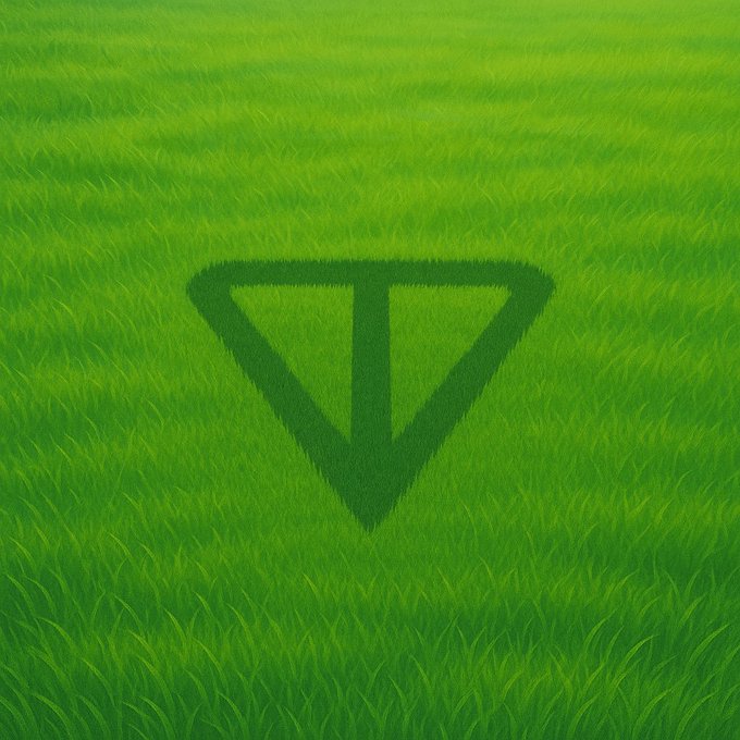 The image features a green grass field with an abstract design of a triangle, which appears to be made out of paint or ink. This design is located at the center of the image, drawing attention to its unique pattern. The text "Touching the $GRAM Grass Repeat" is written in white letters above and below the triangle, suggesting that this artwork might have been created by someone who was inspired by the concept of grass and its repeating patterns.
