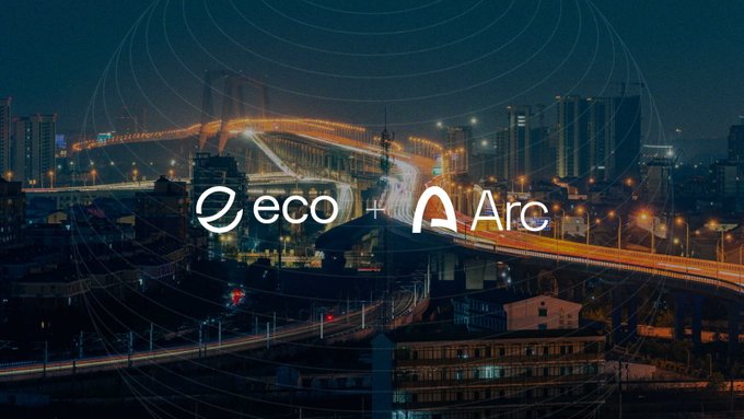The image features a nighttime cityscape with illuminated highways and bridges, overlaid with the logos "Eco" and "Arc" connected by a plus sign, symbolizing the partnership between Eco and the Arc blockchain network. This visual aligns with the announcement of Eco launching on Arc, highlighting Arc's stablecoin-based, high-speed EVM-compatible blockchain infrastructure.