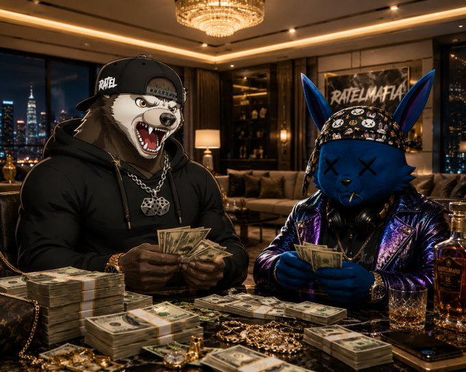A digital illustration of two anthropomorphic characters—one wearing a RATEEL cap and black hoodie, the other with a blue rat mask and purple jacket—sitting at a table covered with stacks of cash in a luxurious setting.