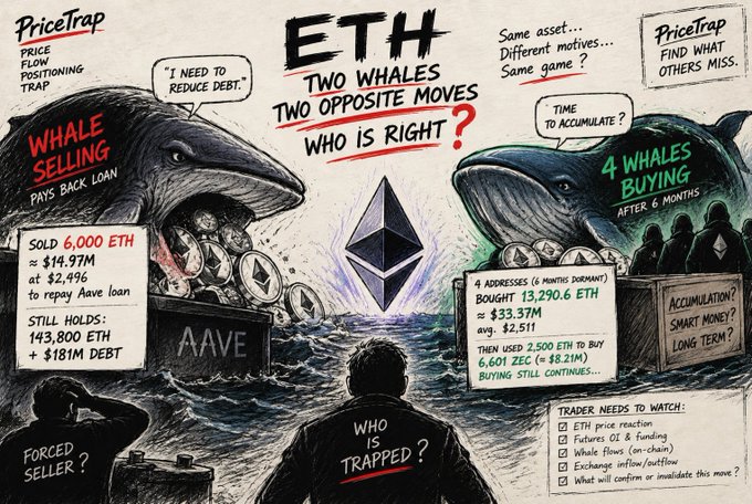 Hand-drawn sketch style infographic titled 'ETH TWO WHALES, TWO OPPOSITE MOVES WHO IS RIGHT?' from PriceTrap, comparing a whale selling 6,000 ETH to repay Aave debt versus 4 whales buying after 6 months of dormancy.
