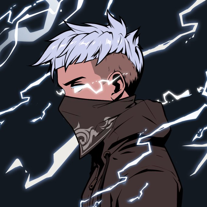 An anime-style character with spiky white hair, glowing eyes, and a high-collared dark coat, surrounded by crackling white lightning.
