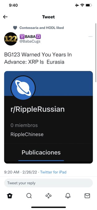 A tweet from @BabaCugs reading 'BG123 Warned You Years In Advance: XRP Is Eurasia' linking to r/RippleRussian.