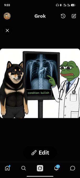 Mobile app screenshot showing a Grok AI-generated image of an anthropomorphic Shiba Inu dog standing next to a frog doctor in a white coat pointing at an X-ray with the text 'condition: bullish'.