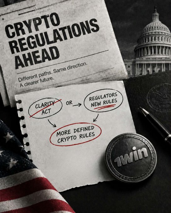 A graphic titled 'CRYPTO REGULATIONS AHEAD' featuring a flowchart comparing the 'Clarity Act' and 'Regulators New Rules' leading to 'More Defined Crypto Rules,' alongside a 'Twin' coin and the U.S. Capitol building.