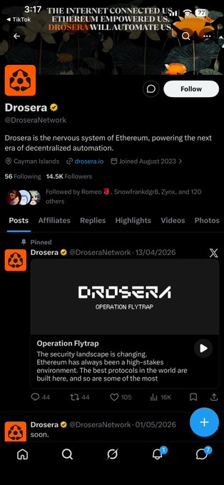 A Twitter/X profile for Drosera (@DroseraNetwork), described as 'the nervous system of Ethereum, powering the next era of decentralized automation,' featuring a pinned post titled 'Operation Flytrap' dated 13/04/2026.