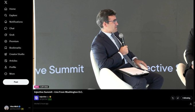 A screenshot of X (Twitter) showing a live stream of the 'Injective Summit' from Washington D.C., featuring a man in a suit speaking into a microphone.