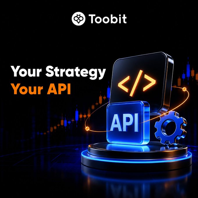 A promotional graphic for Toobit's Copy Trading OpenAPI features a glowing blue "API" cube and code symbol </> alongside an orange candlestick chart, with the tagline "Your Strategy, Your API" displayed prominently. The 3D visualization of the API cube and trading charts directly illustrates the post's message about building automated trading workflows through their new developer-accessible API for lead traders.