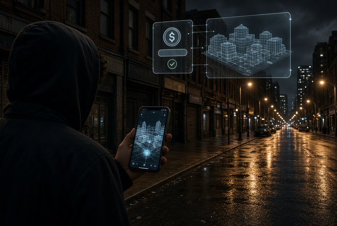 A hooded figure stands on a wet city street at night holding a smartphone displaying a 3D building visualization, with holographic interfaces showing a dollar sign icon and an isometric cityscape floating above.
