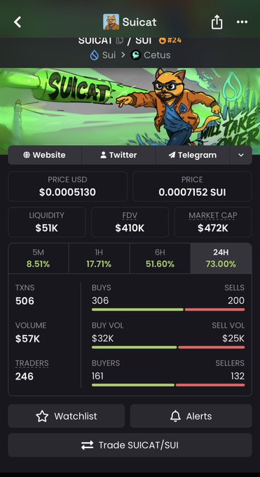 A cryptocurrency tracking app displays the SUICAT/SUI token on the Cetus DEX with a price of $0.00005130 USD, $51K liquidity, and 73% gains over 24 hours.