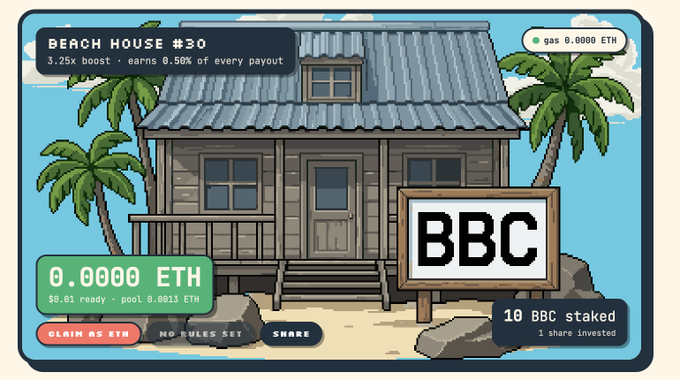 A screenshot of a web3 game showing a 'BEACH HOUSE #30' NFT asset priced at 0.0000 ETH with 'BBC' signage and '10 BBC staked' text.