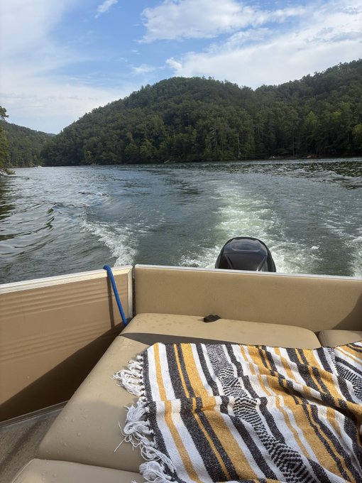 View from the back of a boat cruising on a river with forested hills in the distance, featuring a striped towel on the cushioned seating.