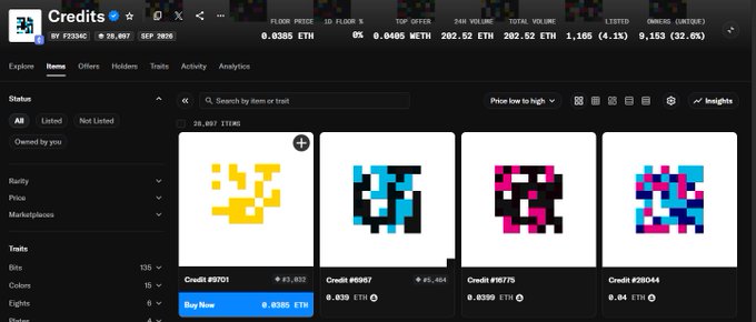 A marketplace interface for 'Credits' tokens showing various pixelated credit card-like items with different prices in ETH, with market stats showing 202.52 ETH total volume.