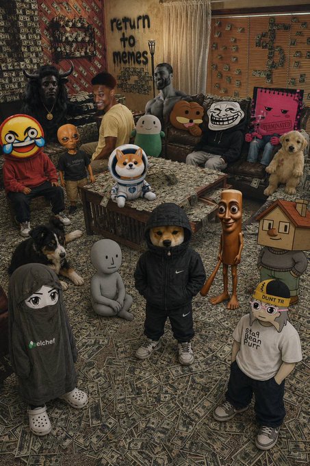 A chaotic, meme-filled collage featuring various characters including a crying laughing emoji, Doge, Trollface, Cheems dog, a small dog in a Nike tracksuit, and a person in a 'I cichef' hoodie, with text 'return to memes' on the wall.