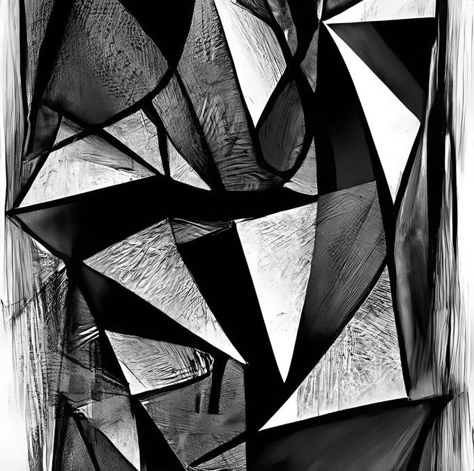 Abstract black and white artwork featuring fragmented, geometric shapes resembling shattered glass or crystals with sharp angular edges and textured surfaces.