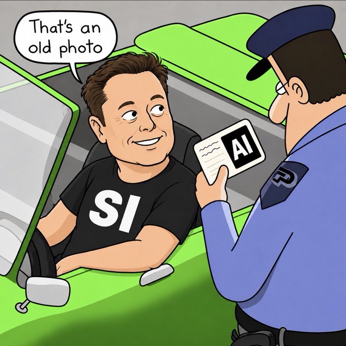 A cartoon shows a man wearing a black "SI" shirt (Super Intelligence) being pulled over by a police officer, who holds up a document labeled "AI." When the officer questions him, the man casually replies, "That's an old photo," humorously suggesting that "SI" (Super Intelligence) has already surpassed "AI" (Artificial Intelligence), making AI obsolete.