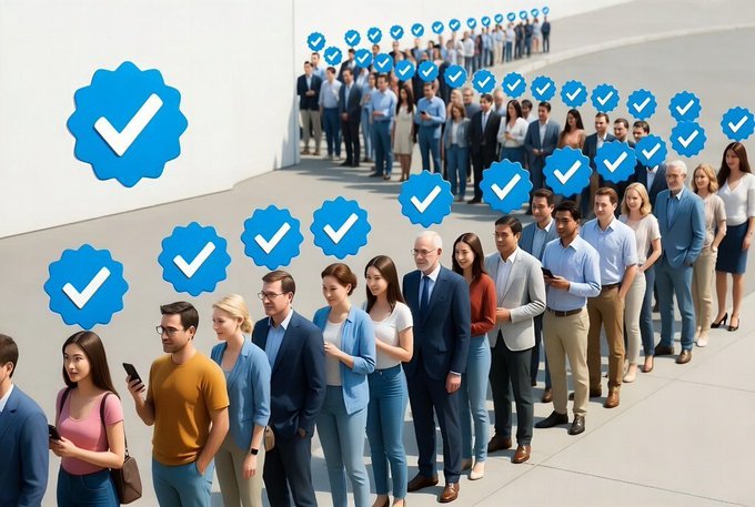 A long line of diverse people stands waiting, each accompanied by a blue checkmark badge floating above them, symbolizing verification or approval. The image visually reinforces the welcoming post's message of "New connections start here" and "Happy to have you with us," as the queue of approved individuals represents an expanding network of new connections.