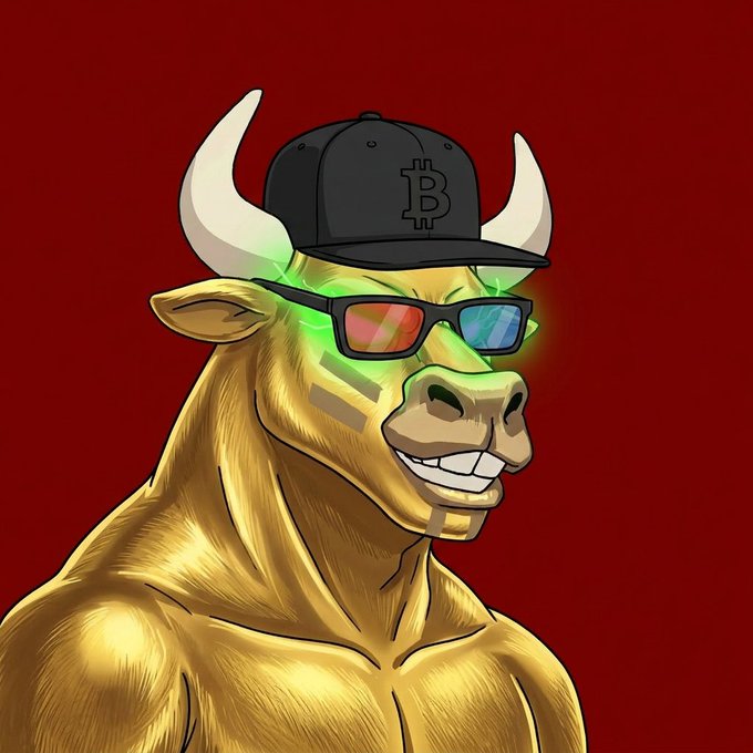 A digital illustration of a muscular golden bull wearing a black Bitcoin cap and futuristic 3D glasses with glowing green sides, set against a dark red background.