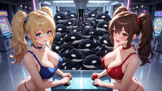 An anime-style illustration of two girls in bikinis (one blonde in blue, one brunette in red) playing an arcade game with a claw machine full of orca plushies behind them.