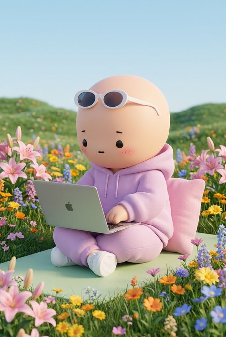 A 3D-rendered cute character wearing a pink hoodie and white sunglasses sitting on a picnic blanket with a MacBook laptop in a colorful flower field.
