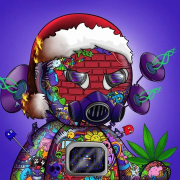 A vibrant, graffiti-style illustration of a gas mask character with a brick wall face, festive Santa hat, and colorful stickers against a purple background, with a marijuana leaf and bunny graphic on the side.