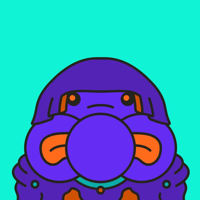 A colorful cartoon illustration of a round, purple character with orange hands holding a ball against its face, set against a bright cyan background.