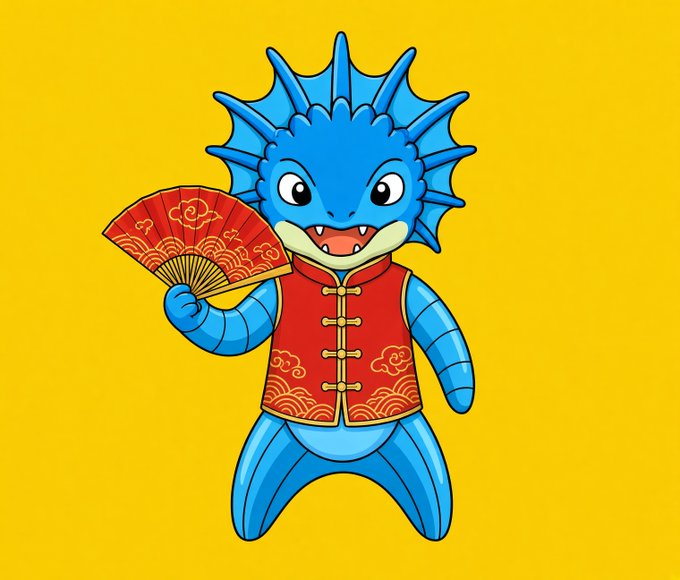 A cartoon illustration of a blue axolotl wearing a traditional red Chinese vest and holding a decorative red fan against a yellow background.
