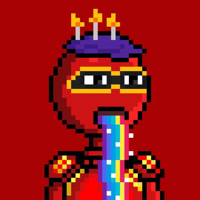 A pixel art character with a red round head, black sunglasses, a purple crown, and a rainbow tongue sticking out, set against a red background. The image serves as a vibrant, stylized graphic accompanying the announcement about wallets being on a free mint list, likely representing the project's mascot or NFT artwork.