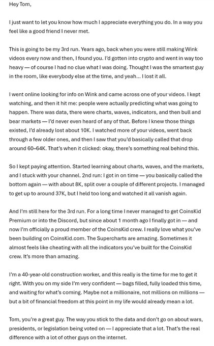 A heartfelt email testimonial from Tom, a 40-year-old construction worker, expressing gratitude to CoinsKid for transforming his life by teaching him crypto trading, resulting in him making money and losing it before finally getting it right. The message ties to the accompanying post celebrating CoinsKid community ($CKC) success across crypto tickers $BTC, $XRP, $ETH, and $FARTBOY.