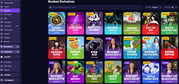 A screenshot of an online casino website displaying 'Roobet Exclusives,' showing a grid of various games such as 'Roobet Thor's Race,' 'Arcade Flip,' 'Dragon Rites,' and 'Roobet Roulette.'