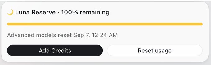 A UI widget displays a "Luna Reserve" usage meter at "100% remaining" with a note that "Advanced models reset Sep 7, 12:24 AM," alongside buttons to "Add Credits" and "Reset usage." The image illustrates the post's point that after exhausting a $200/month Codex allowance, users are routed to a separate Luna GPT-Reserve tier with its own credit pool and reset schedule.