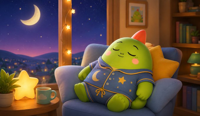 The image features a cartoon green monster wearing pajamas, sitting comfortably on a chair with its eyes closed. The scene appears to be set at night, with a window that allows for moonlight to enter the room. There are also some books visible in the background. The overall atmosphere of the image seems to be one of relaxation and rest, as if the monster is taking a break from its usual activities or perhaps just enjoying a peaceful moment. This scene could be related to the post about @sleepagotchi, which emphasizes the importance of recovery and self-care within the industry that focuses on performance.