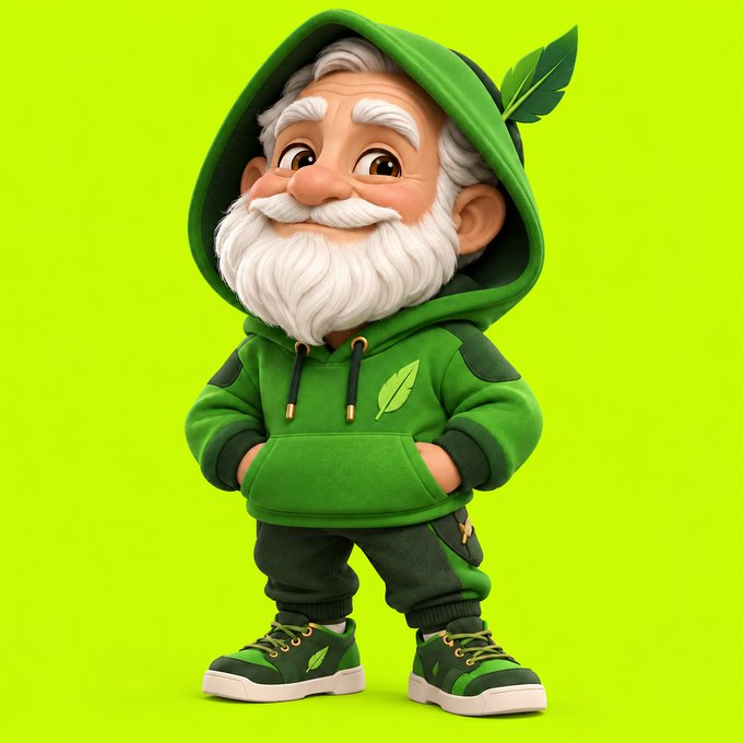 A 3D-rendered cartoon character of an elderly man with a white beard wearing a green hoodie and sneakers stands against a bright green background.