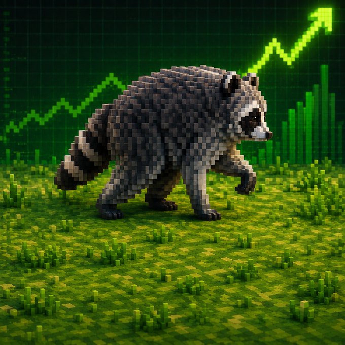 A 3D pixelated/voxel-style raccoon or fox-like creature walking across a blocky green grass field, set against a dark green background featuring a bright upward-trending line graph and bar chart.