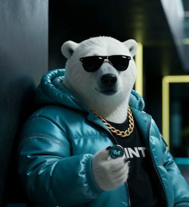 An anthropomorphic polar bear wearing sunglasses, a teal puffer jacket, and a gold chain holds a coin, with the text "MINT" visible on its shirt.