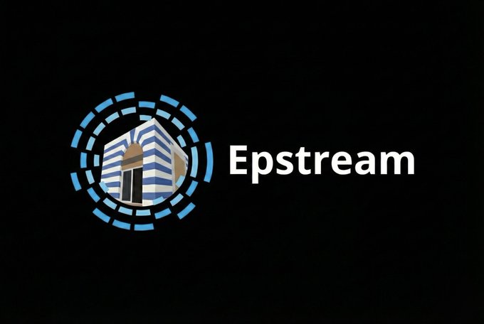 A logo featuring a stylized house within a blue segmented circle sits beside the white text 'Epstream' on a black background.
