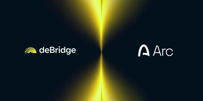 A promotional graphic featuring the deBridge and Arc logos separated by a glowing yellow vertical light on a dark background.