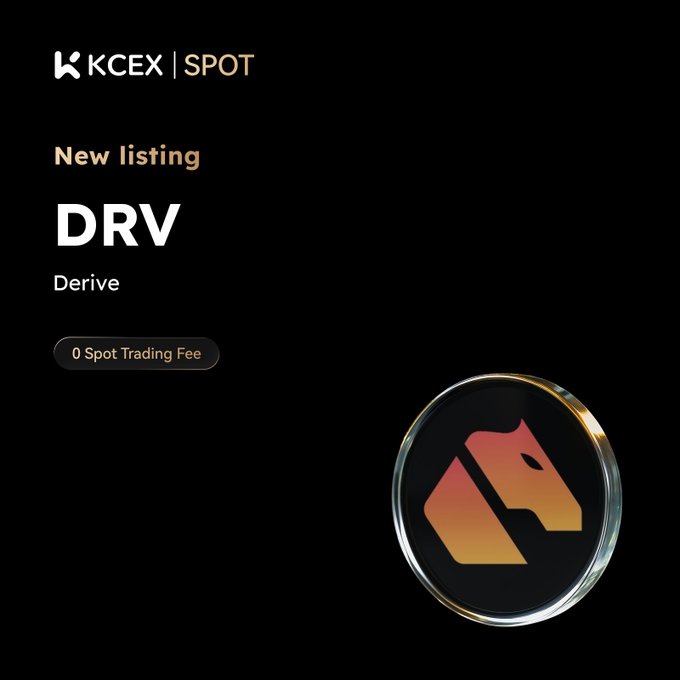 A promotional graphic for KCEX Spot announcing a new listing of 'DRV' (Derive) with '0 Spot Trading Fee' and a 3D coin logo.