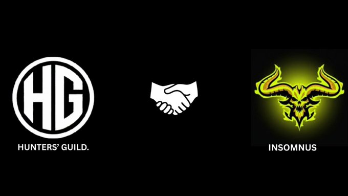 A black background featuring two logos: 'HUNTERS' GUILD' (HG) on the left and 'INSOMNUS' with a glowing green horned emblem on the right, separated by a handshake icon.