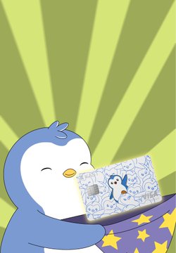 A cartoon penguin mascot holding a decorated card, set against a green sunburst background with a purple star-patterned base.
