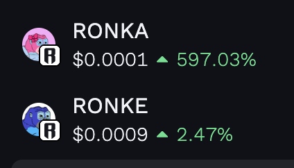A cryptocurrency price display showing RONKA at $0.0001 with a 597.03% increase (green) and RONKE at $0.0009 with a 2.47% increase (green).