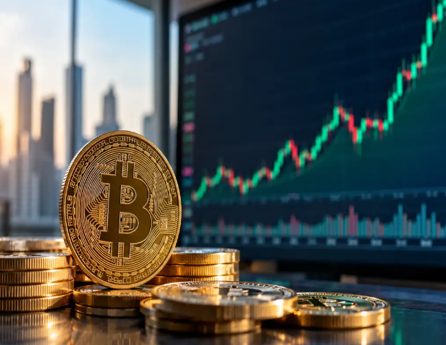 A prominent Bitcoin coin stands in the foreground before a trading chart displaying a sharp green upward price spike, visually representing the dramatic short squeeze that wiped out over $1.05 billion in leveraged digital asset derivatives positions within a 24-hour period.