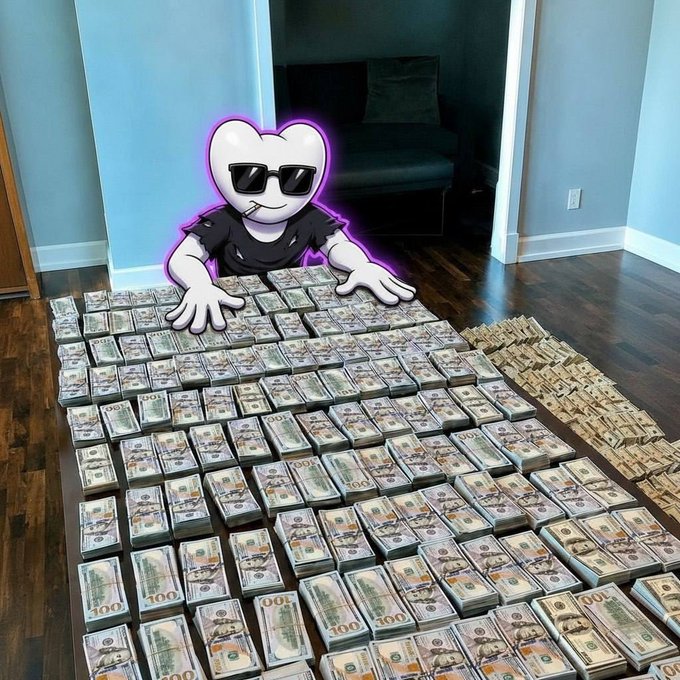 A cartoon mascot character wearing sunglasses poses behind a massive display of $100 bills and gold bars spread across the floor, visually symbolizing the "$100K+ donated" milestone mentioned in the bullish $REMUS post.