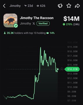 Jimothy (Jimothy The Raccoon) memecoin chart showing a massive spike from around $7M to a peak near $20M, now at $14M with a 270% (24h) gain, alongside 35.3K holders and 14% top 10 concentration.