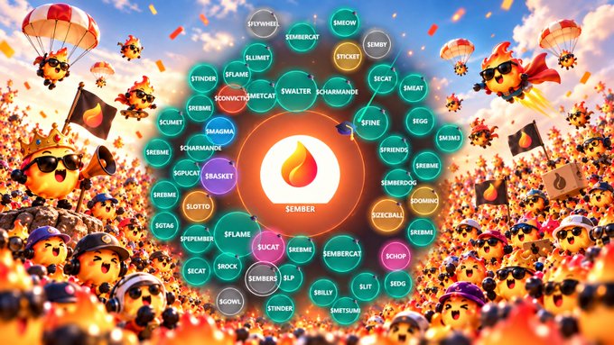 A vibrant, chaotic illustration featuring the SEMBER logo surrounded by numerous circular icons with labels like 'SPYWHEEL', 'SEMBERT', 'SWALTER', 'GIVEAWAY', and 'MEME', along with cartoon characters wearing parachutes.