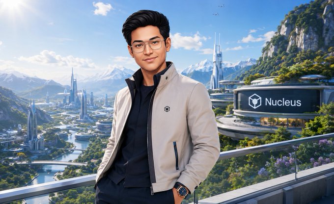 A digital rendering of a young man with glasses wearing a white jacket standing in a futuristic city with the logo 'Nucleus' visible on a building behind him.