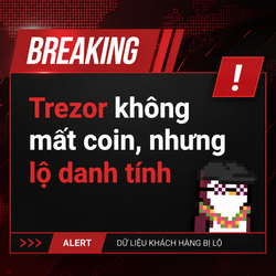 A Vietnamese-language breaking news alert with red text stating 'Trezor không mất coin, nhưng lộ danh tính' (Trezor didn't lose coins, but identities were exposed), featuring a pixelated anonymous figure with sunglasses.