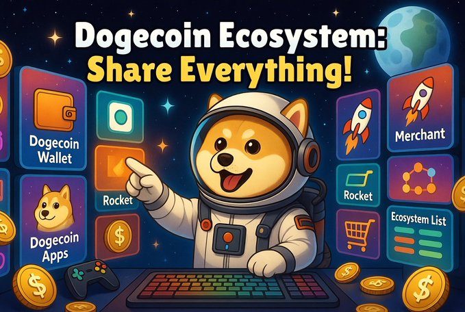 The image features a cartoon dog dressed as an astronaut, sitting at a computer desk with a keyboard and mouse. The background of the image displays various elements related to Dogecoin ecosystem, such as coins, wallets, integration, merchant, dApp, L2, and utility.