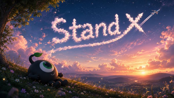 A fantasy illustration showing a cute black creature with a green sprout and large eyes lying in a grassy field at sunset, looking up at the word "StandX" written in the clouds with an airplane.