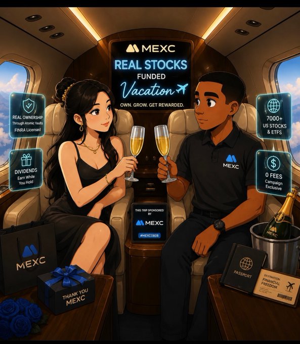 An anime-style promotional advertisement for MEXC featuring a couple toasting champagne in a private jet, highlighting 'Real Stocks, Funded Vacation' with features like 'Real Ownership Through Avenue Trade FINRA Licensed,' 'Dividends,' '7000+ US Stocks & ETFs,' and '0 Fees.'